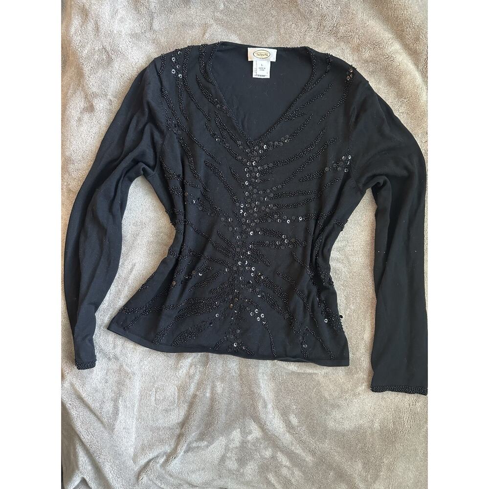 Vintage Talbots Black Beaded Sequin Top Large Long Sleeve Stretch V-Neck Zebra